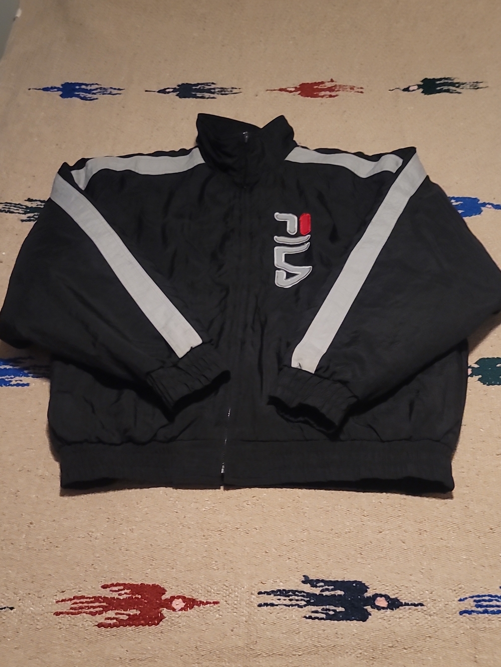 Vintage Fila Black Windbreaker Jacket with Gray Stripes and Red Logo